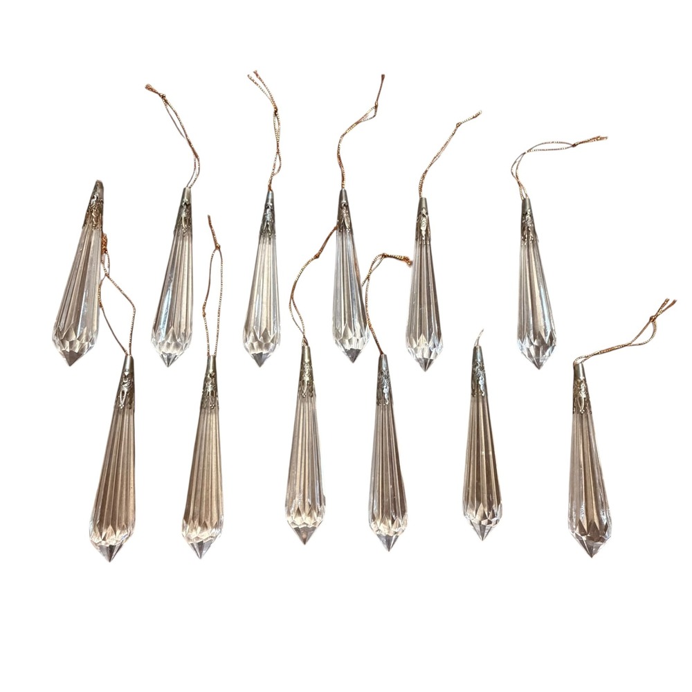 Vintage Glass Icicle Ornaments Set 12 Clear Faceted Teardrop Christmas Decor